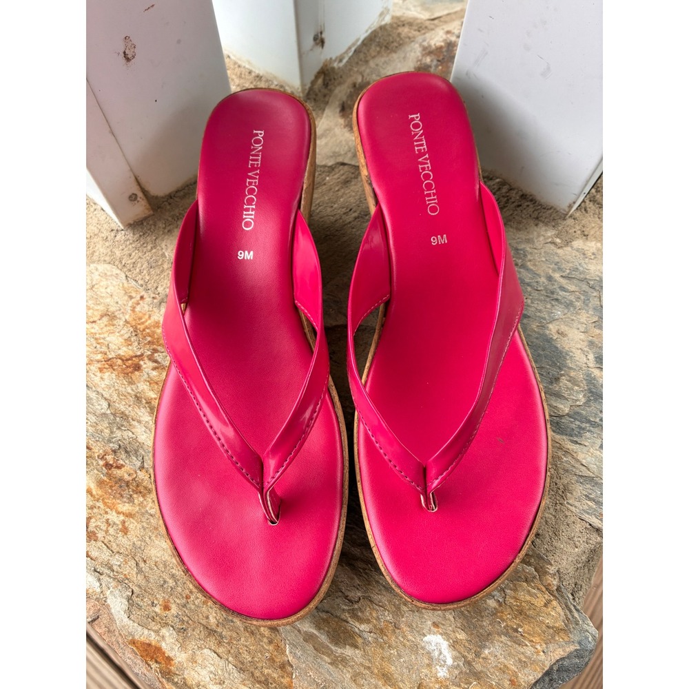 Ponte Vecchio Hot Pink Cork Wedge Thong Sandals Womens 9M Magenta Summer Shoes